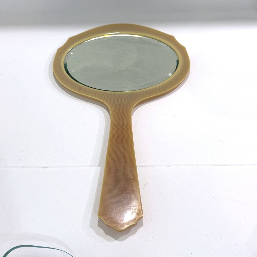 Vintage Art Deco Celluloid Hand Mirror Faux Tortoiseshell Butterscotch 14 inch